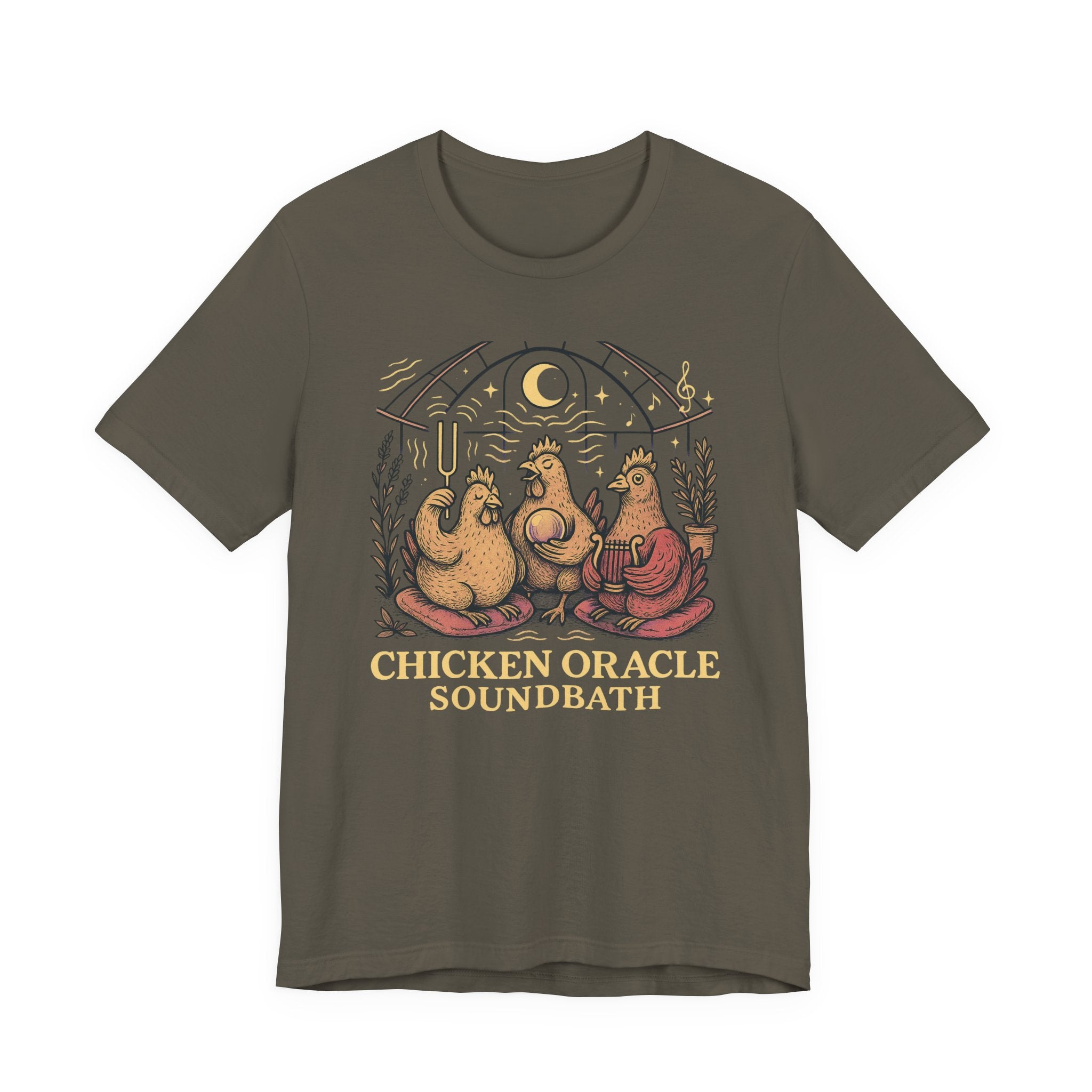 Chicken Oracle Soundbath Tee Spiritual Chickens Under a Cosmic Canopy