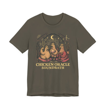 Chicken Oracle Soundbath Tee Spiritual Chickens Under a Cosmic Canopy