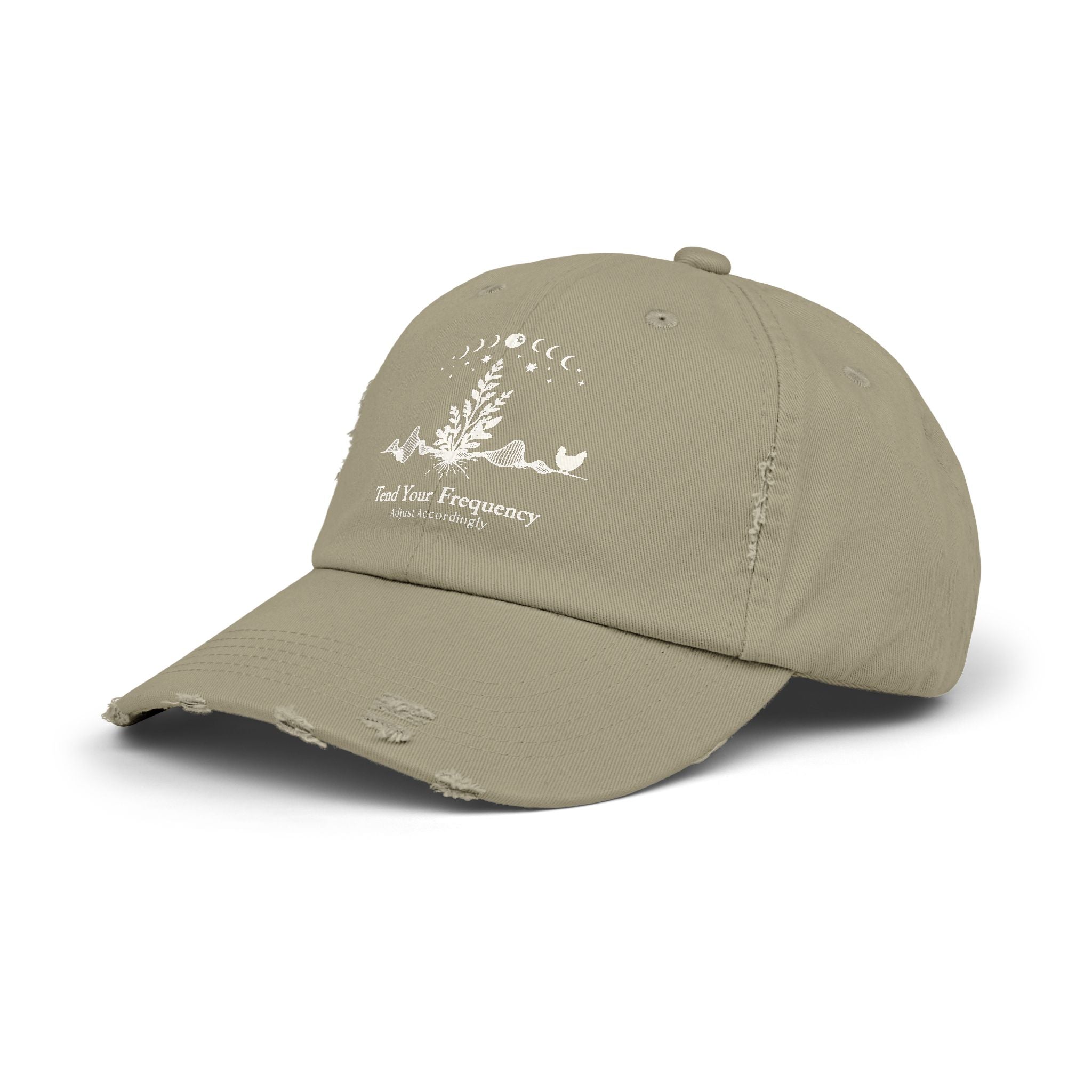 Tend Your Frequency: Adjust Accordingly Botanical Moon Phase Distressed Cap