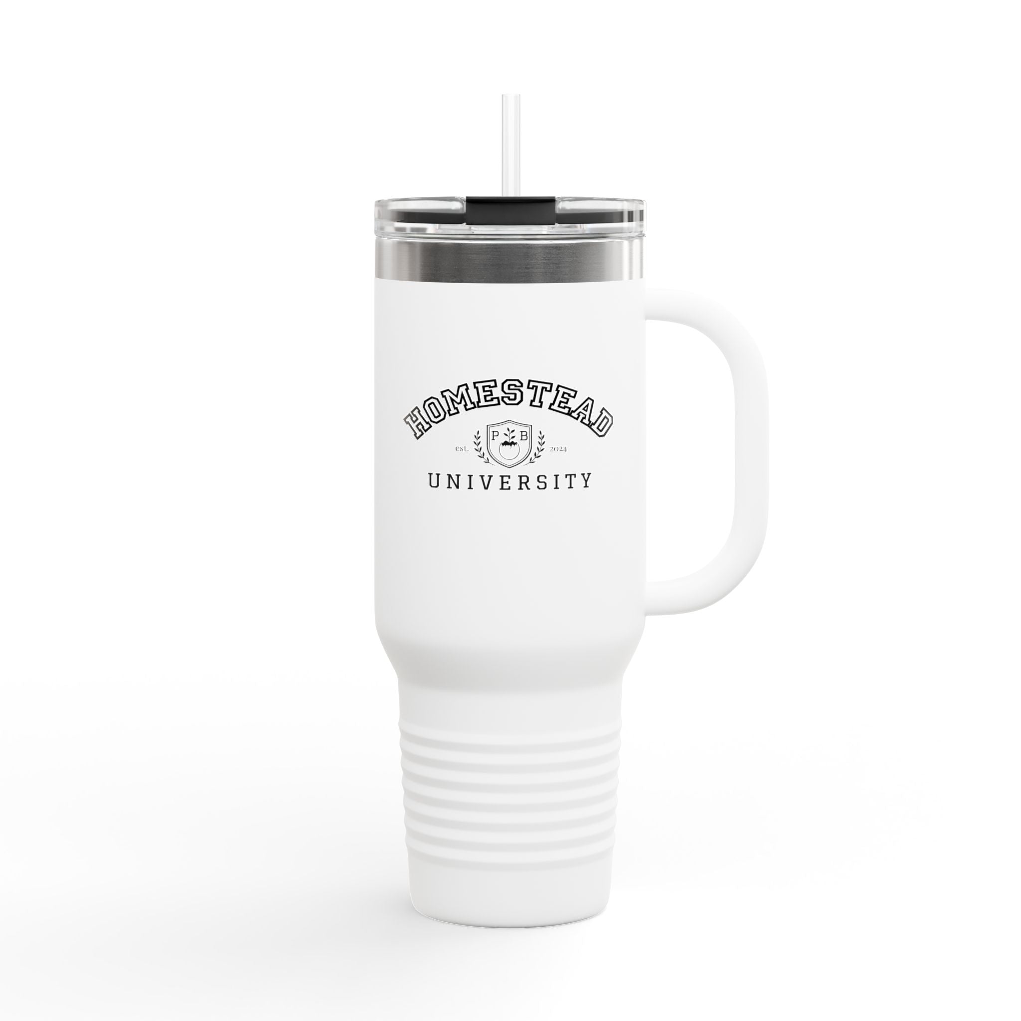 Homestead University 40oz Insulated Travel Mug – Large Stainless Tumbler with Straw
