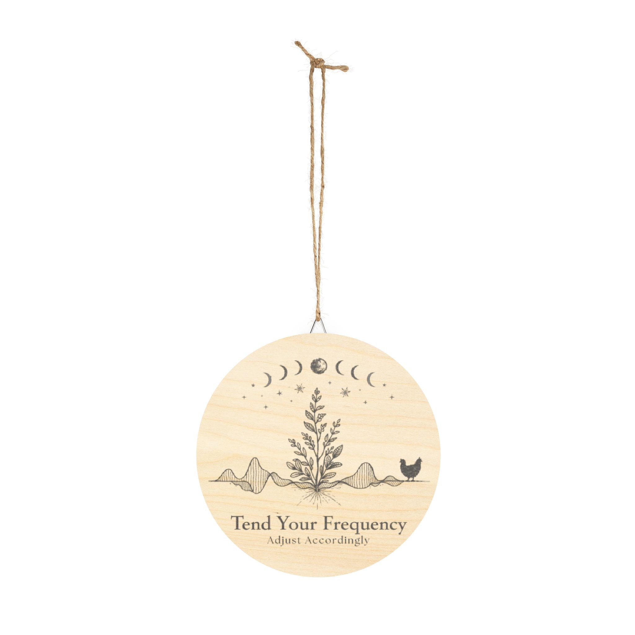 Tend Your Frequency: Adjust Accordingly Botanical Moon Phase Wood Sign Wall Art
