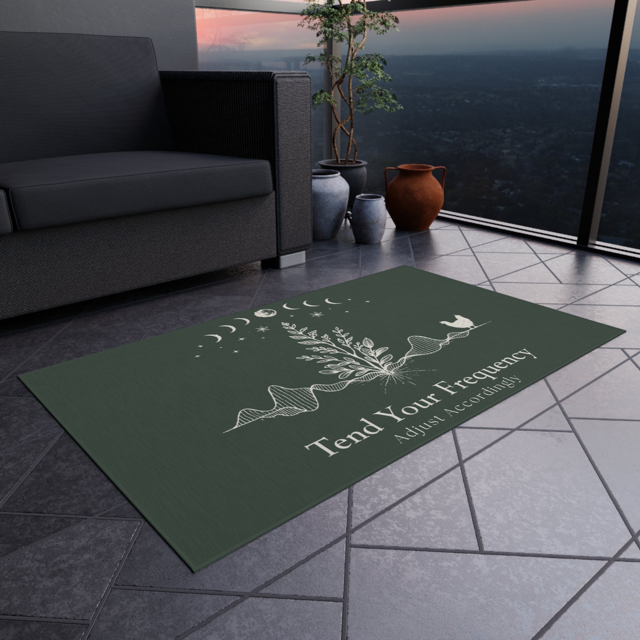 Tend Your Frequency: Adjust Accordingly Botanical Moon Phases Outdoor Rug Doormat