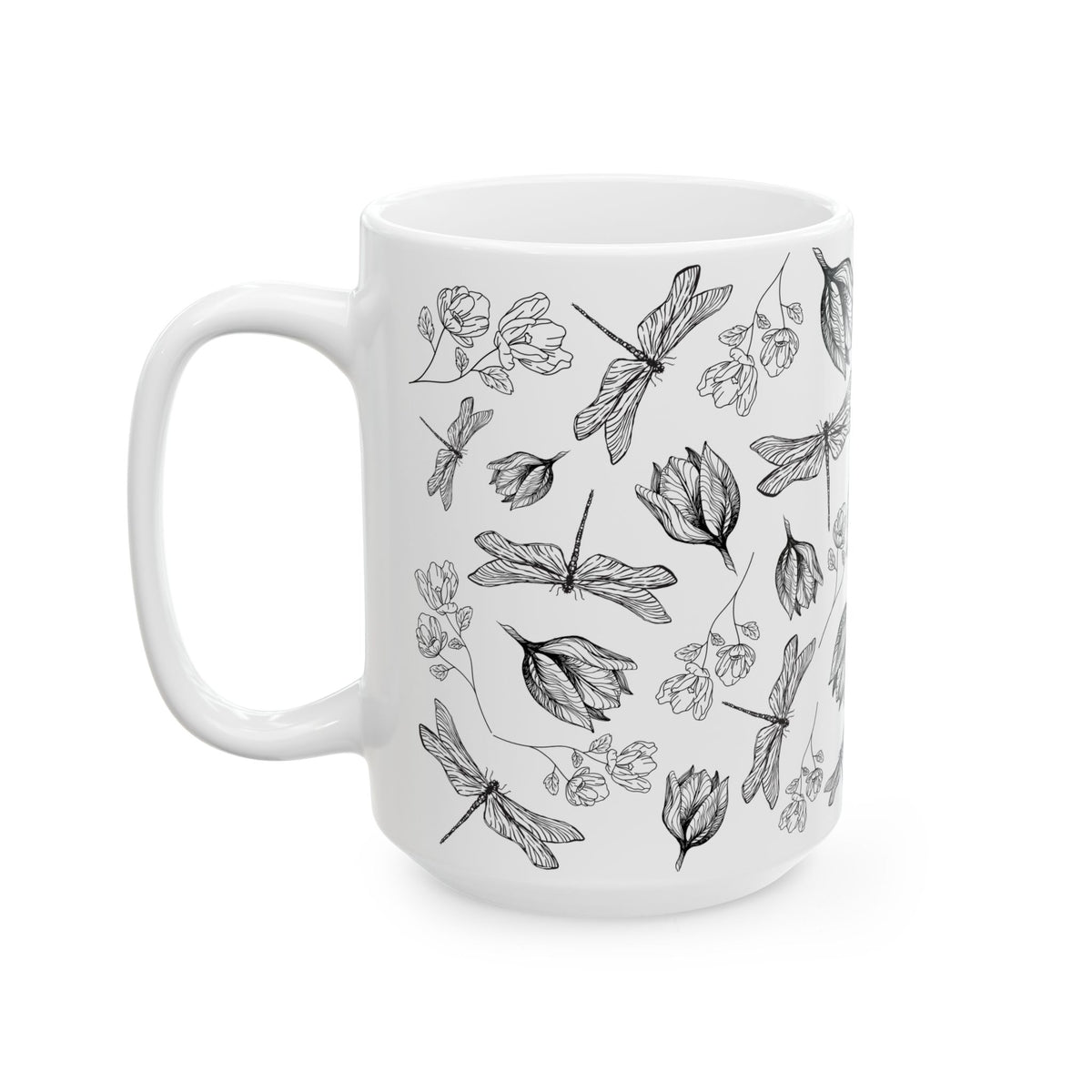 Dragonfly Floral White Ceramic Mug