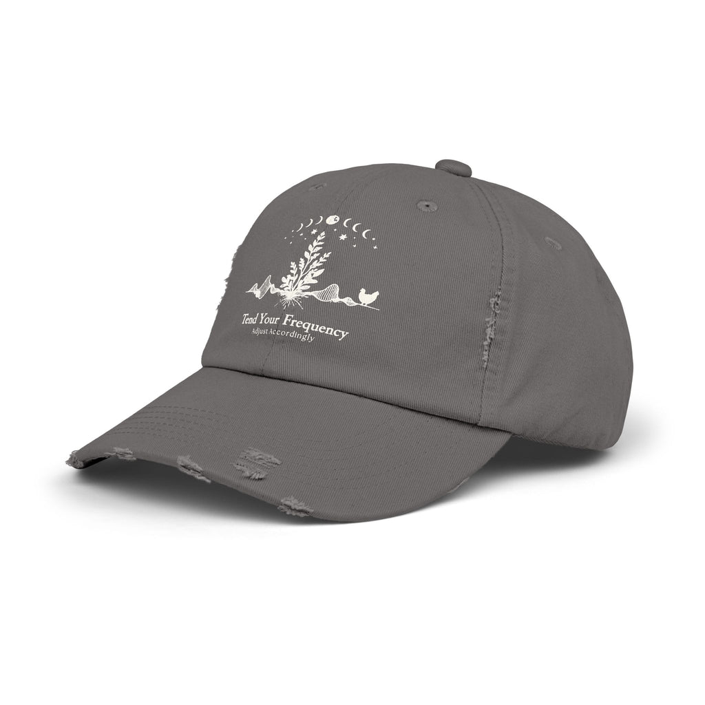 Tend Your Frequency: Adjust Accordingly Botanical Moon Phase Distressed Cap