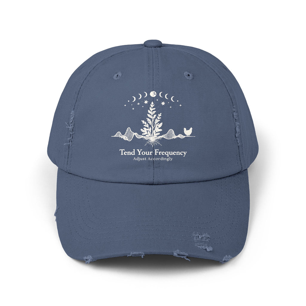 Tend Your Frequency: Adjust Accordingly Botanical Moon Phase Distressed Cap