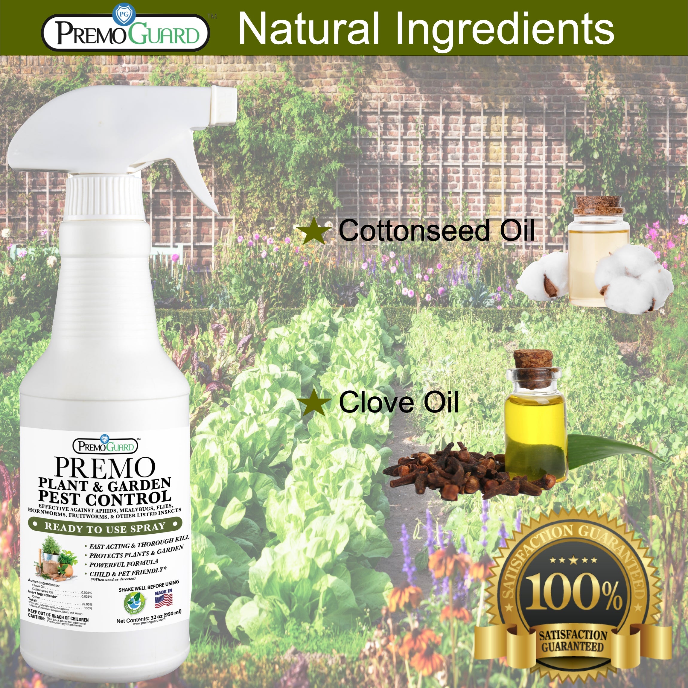 Plant and Garden Pest Control Spray - 32 oz | Plant Based Natural Non-Toxic | Premo Guard (C)