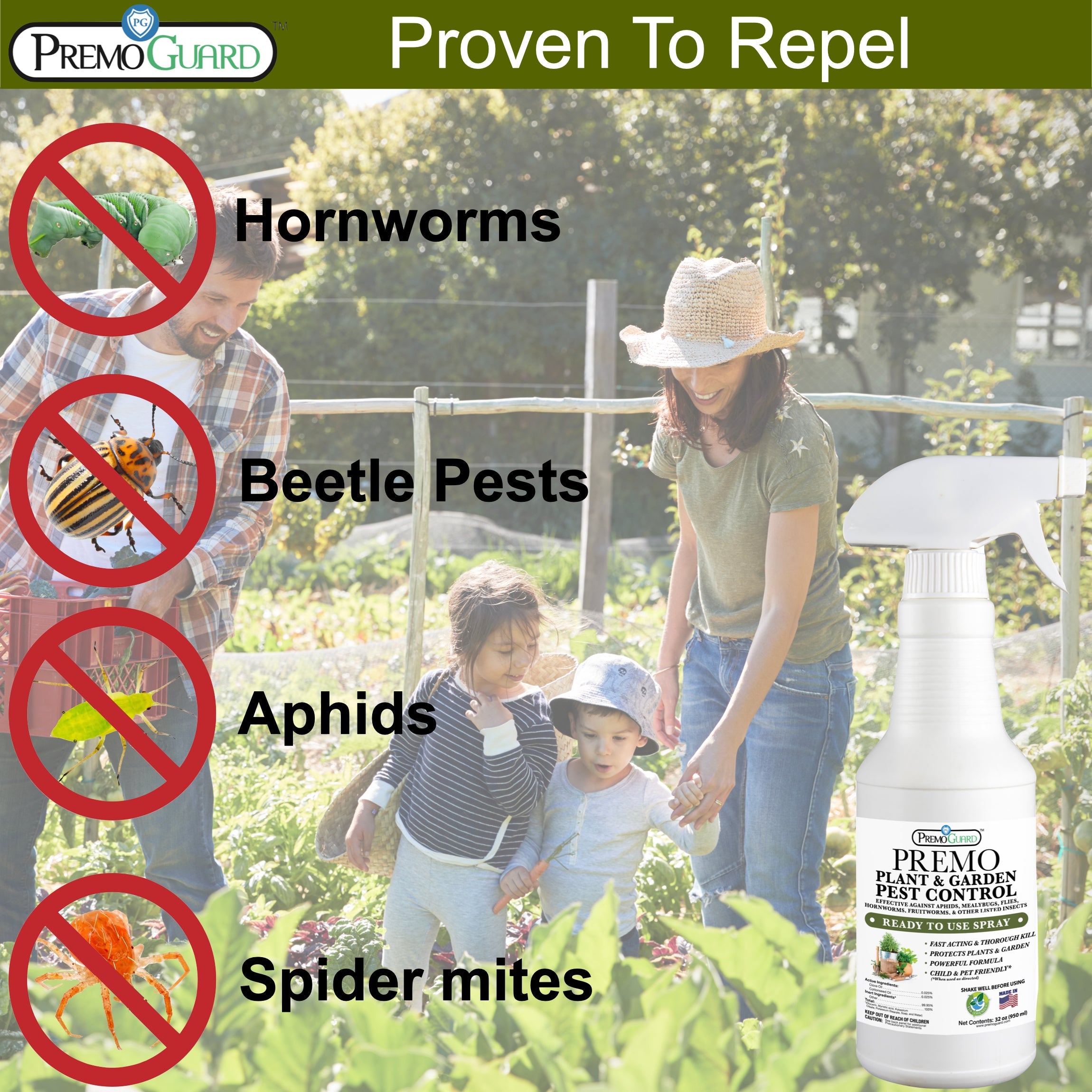 Plant and Garden Pest Control Spray - 32 oz | Plant Based Natural Non-Toxic | Premo Guard (C)