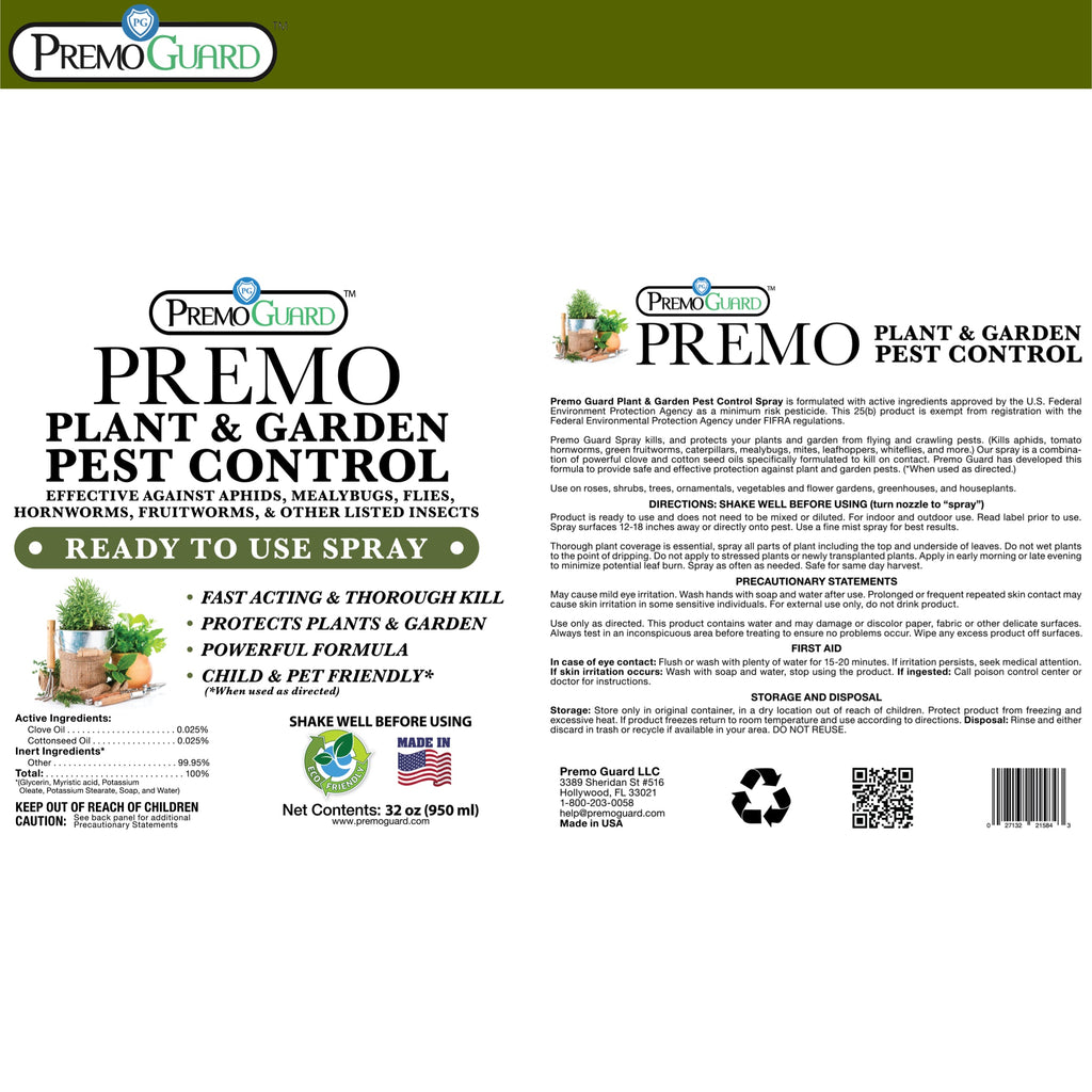 Plant and Garden Pest Control Spray - 32 oz | Plant Based Natural Non-Toxic | Premo Guard (C)