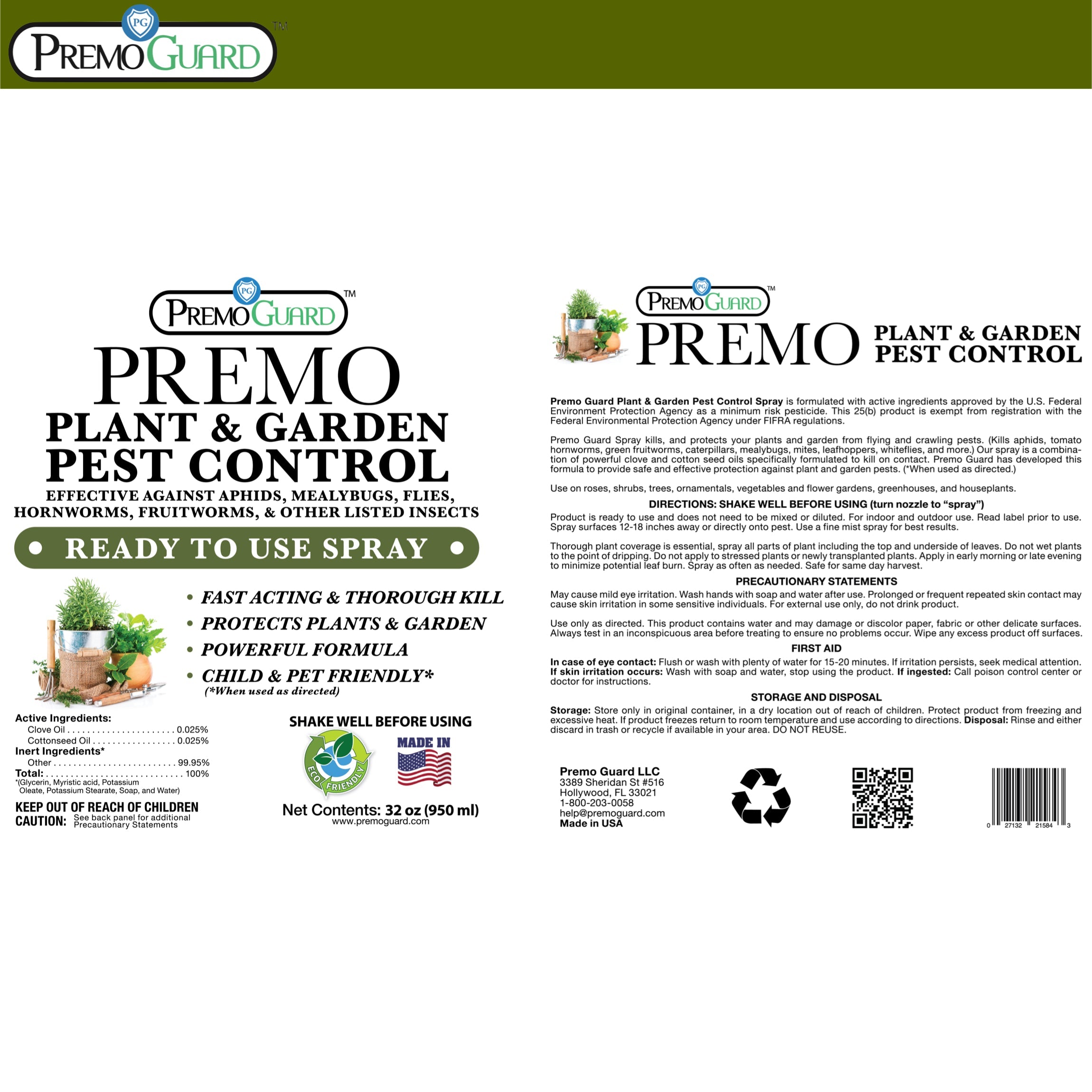 Plant and Garden Pest Control Spray - 32 oz | Plant Based Natural Non-Toxic | Premo Guard (C)