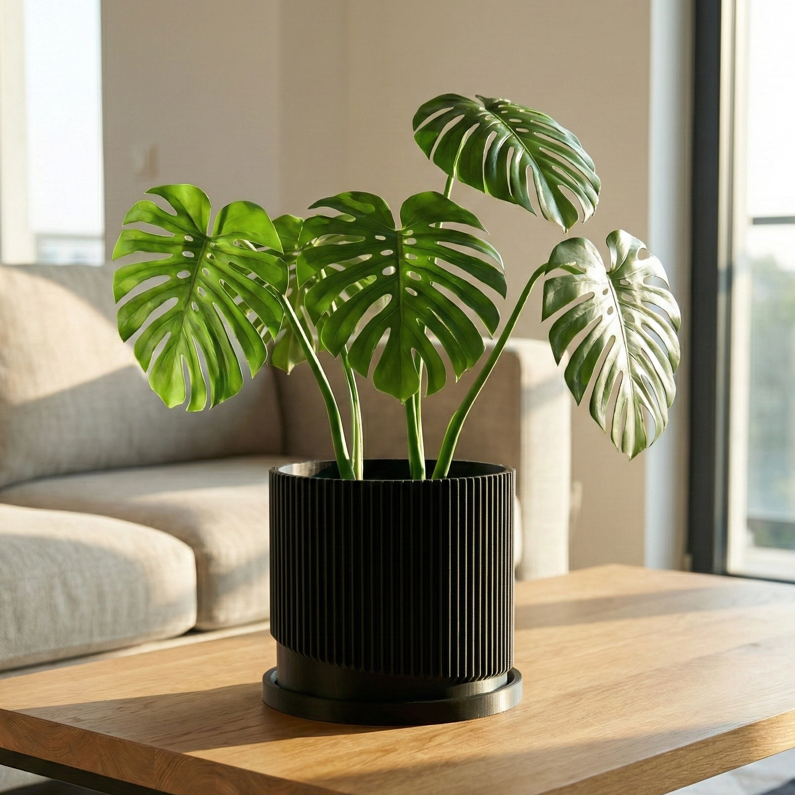 Mid-Century Ribbed Planter with Drainage and Saucer in Multiple Colors, 3D Printed Planter with Unique Modern Design, Lightweight, Wave