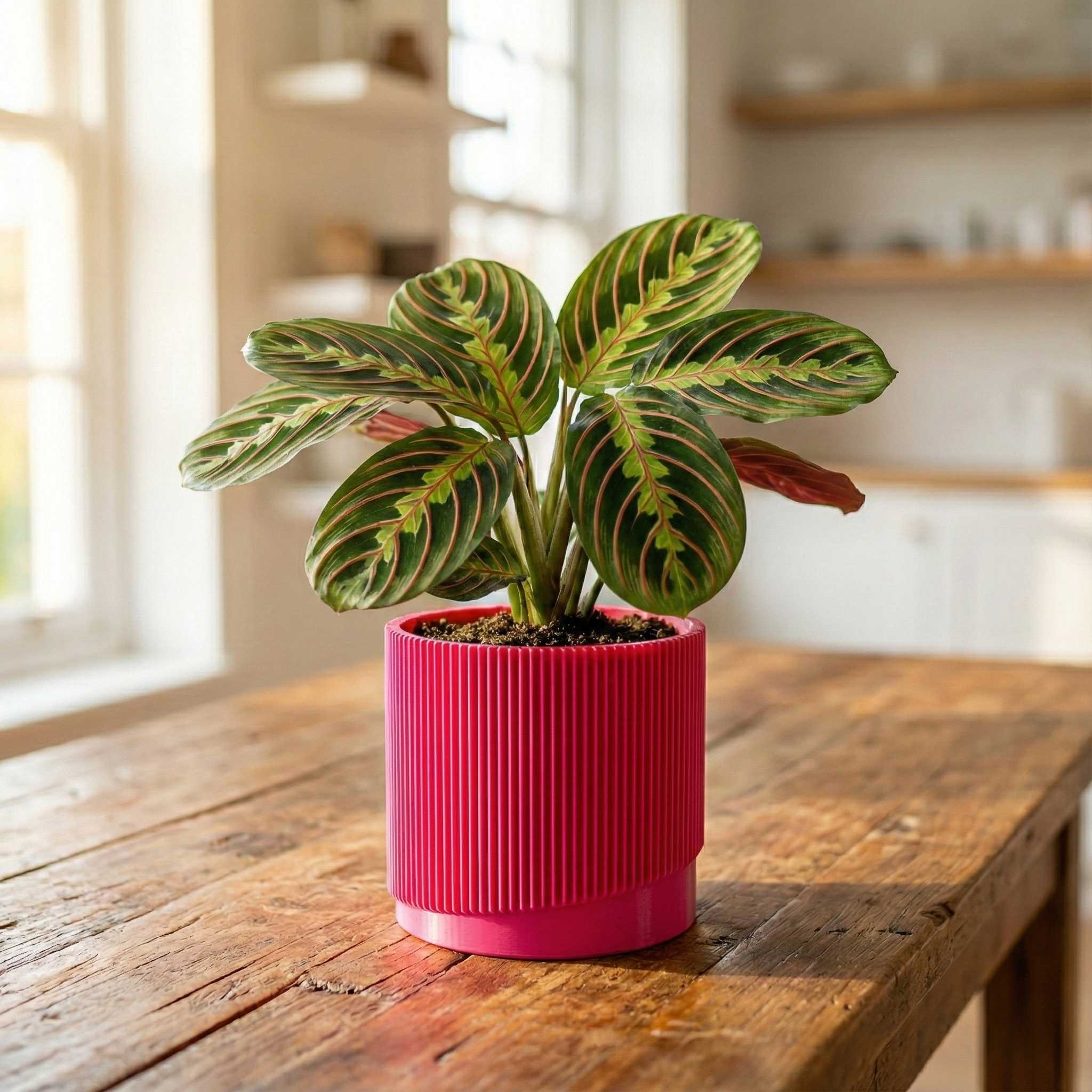 wave plant pots Mid-Century Ribbed Planter with Drainage and Saucer in Multiple Colors, 3D Printed Planter with Unique Modern Design, Lightweight, Wave Pink / 6 Inch