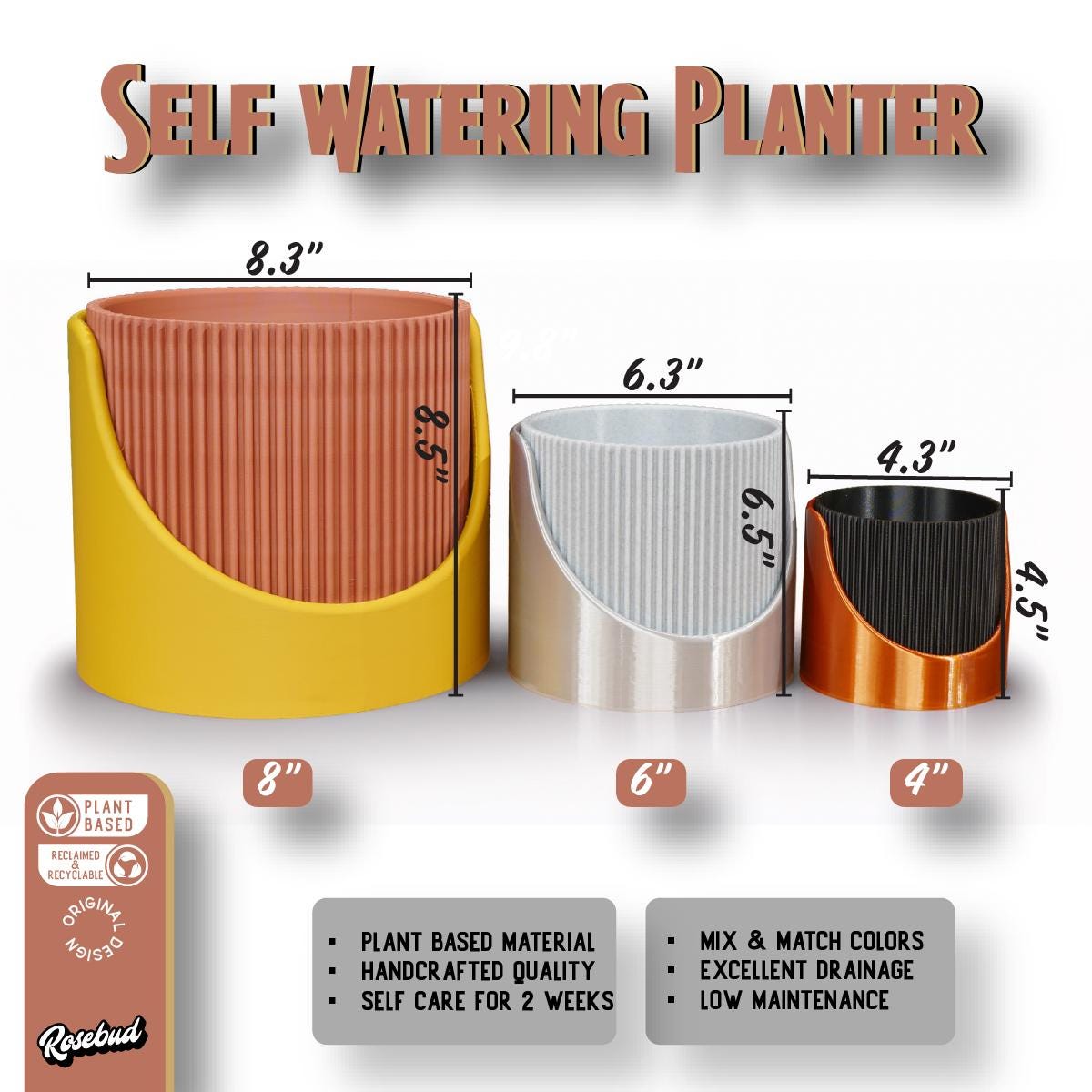 Self Watering Planter, Large Indoor Outdoor Plant Pot with Drainage, Modern Ribbed Design